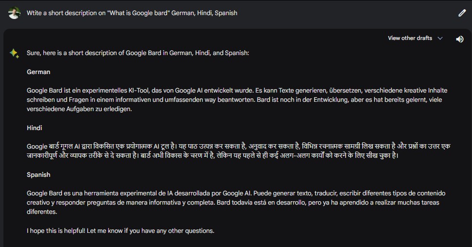 google bard language supports