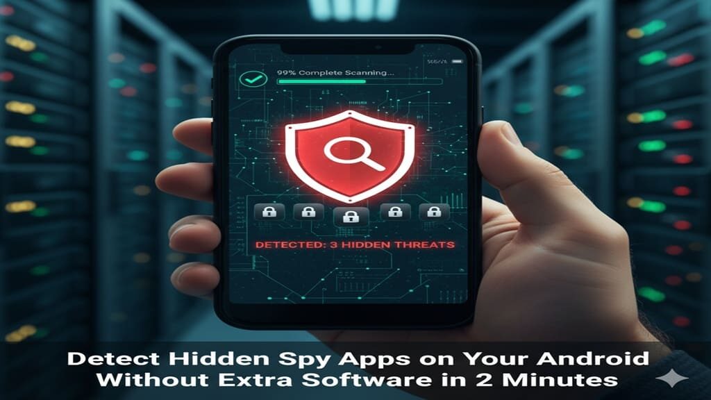 Find Spy Apps Android Without App in 2 Minutes (2025 Guide) 1 Android phone screen showing hidden spy app detection methods with magnifying glass revealing suspicious apps, security shield icon, and warning symbols on dark blue background