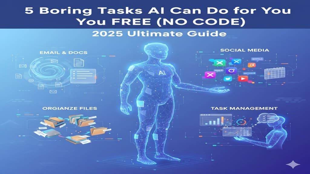 Free AI Automation Tools 2025: 5 Tasks You Must Automate 1 illustration showing free AI automation tools automating emails, files, reports, and social media tasks for productivity