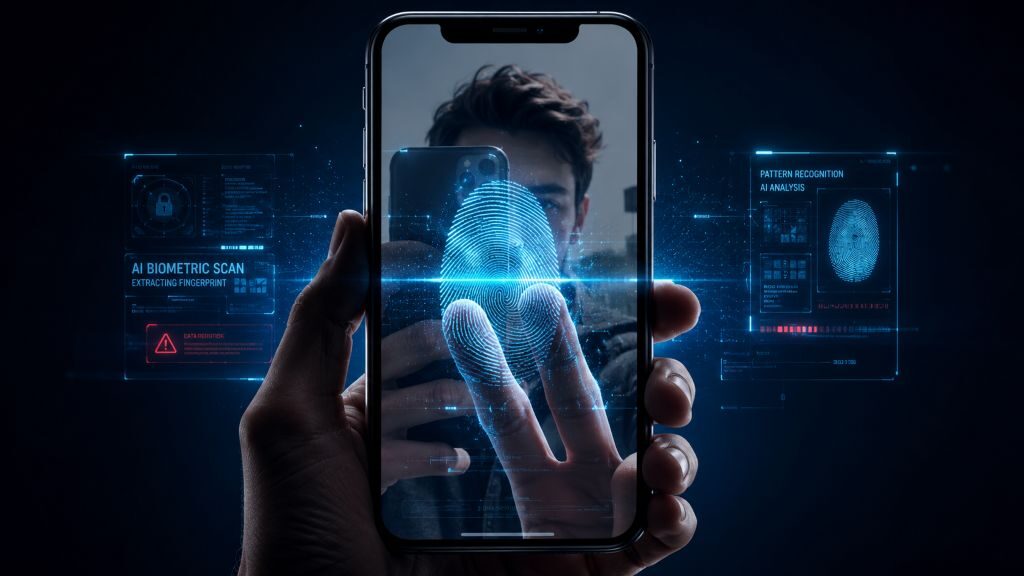 AI scanning fingerprint patterns from a smartphone photo for biometric cybersecurity concept