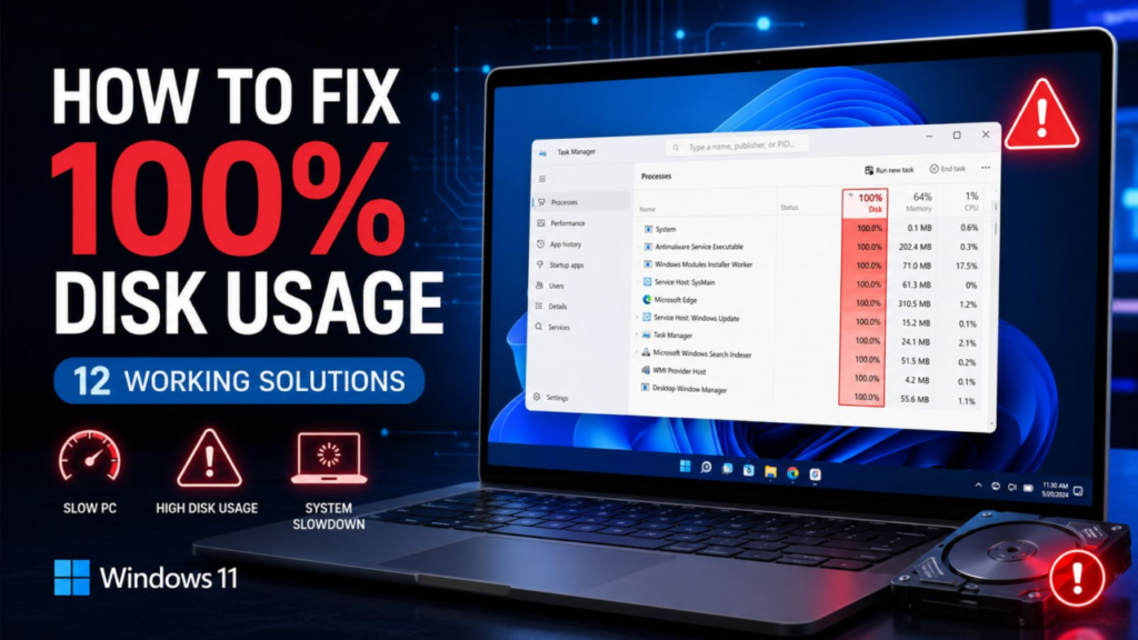 How to fix 100 percent disk usage problem in Windows 11 using Task Manager and system optimization fixes