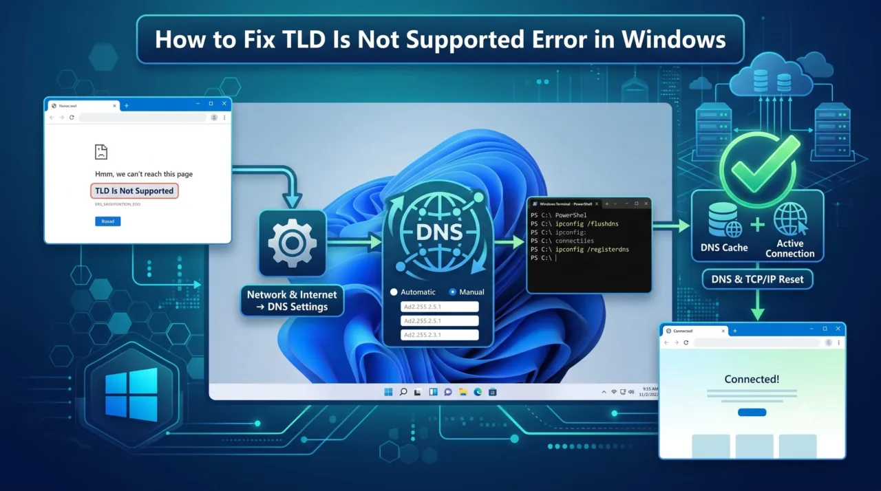 A step by step guide showing the Windows command prompt running ipconfig /flushdns to fix the TLD error