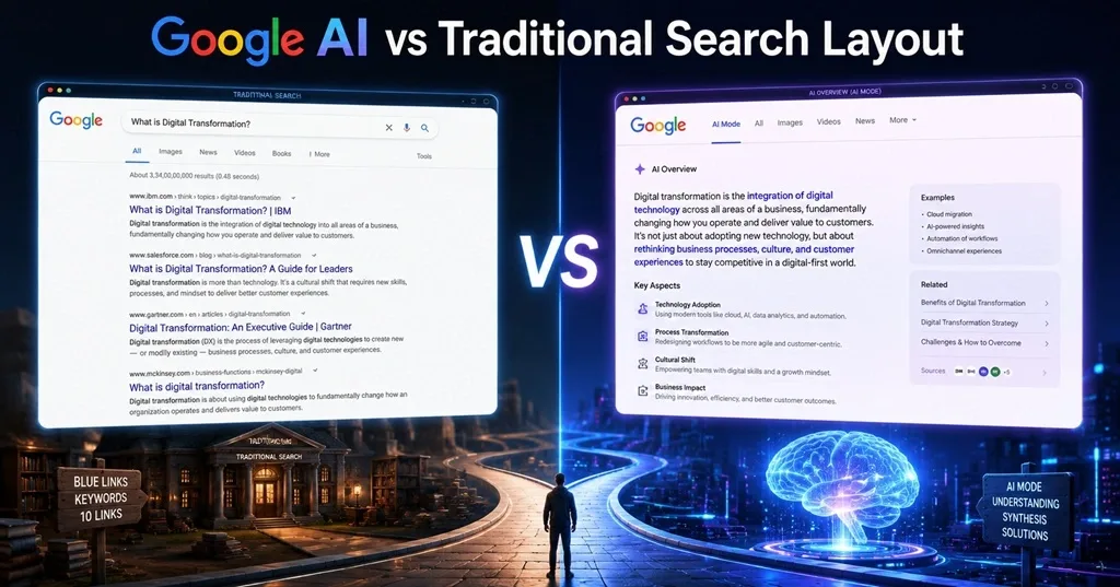 A split visualization showing a traditional Google blue-link search result page next to a highly synthesized AI Overview response