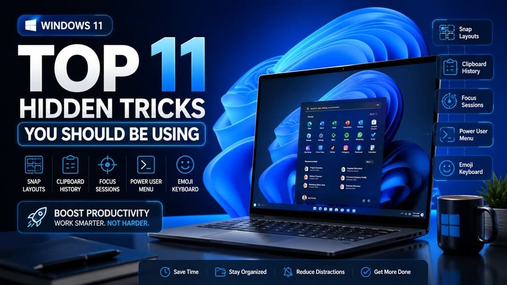 Top 11 hidden Windows 11 tricks including Snap Layouts, Clipboard History, Focus Sessions, Power User Menu and productivity shortcuts.