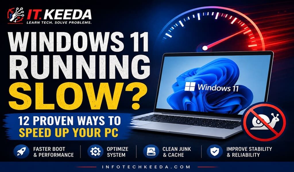 A high-tech laptop displaying a glowing Windows 11 interface with performance meters and speed boost graphics